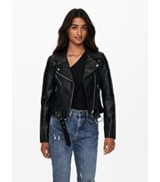 ONLY Black Leather-Look Belted Biker Jacket
